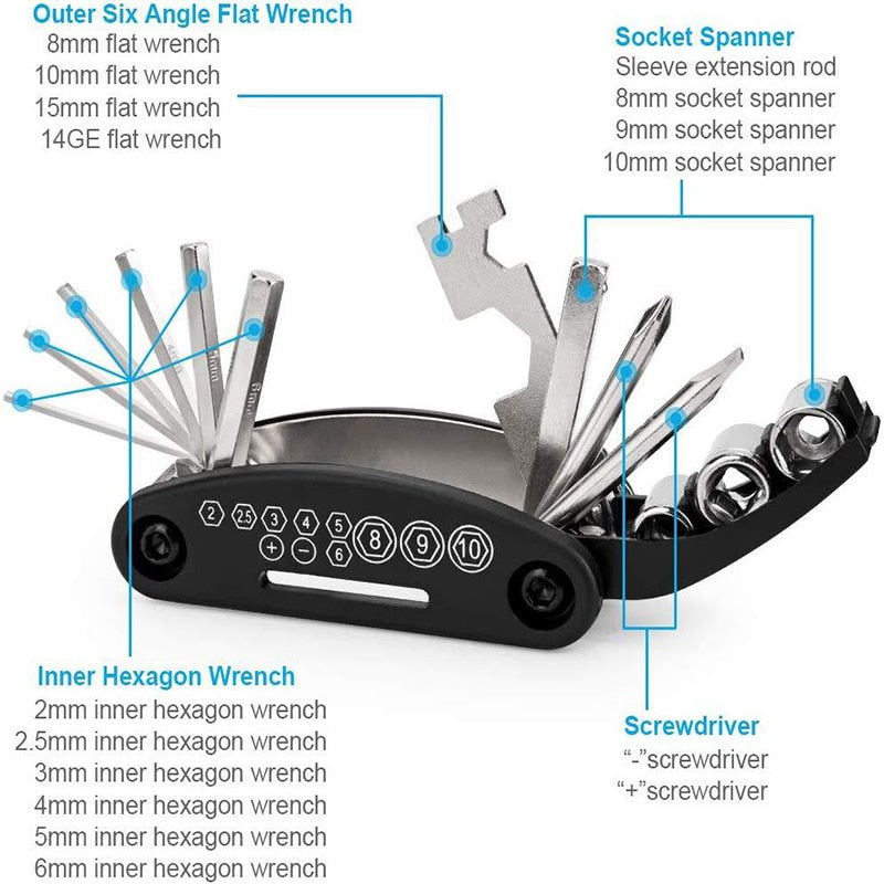 Bicycle Repair Tools Kit Bike Accessories Multi-Tool Set With Pump Tire Patch - PUPU