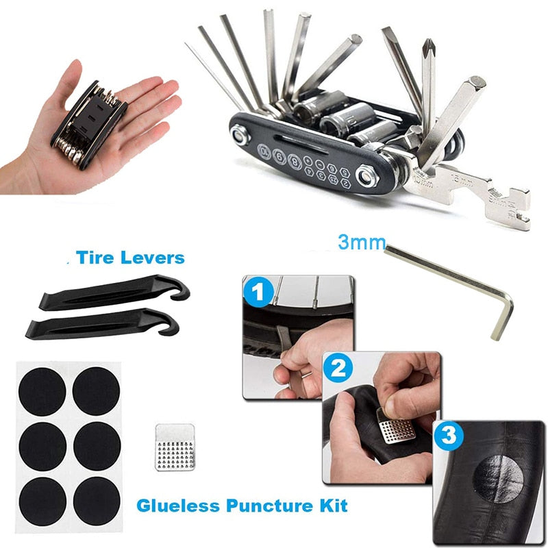 Bicycle Repair Tools Kit Bike Accessories Multi-Tool Set With Pump Tire Patch - PUPU